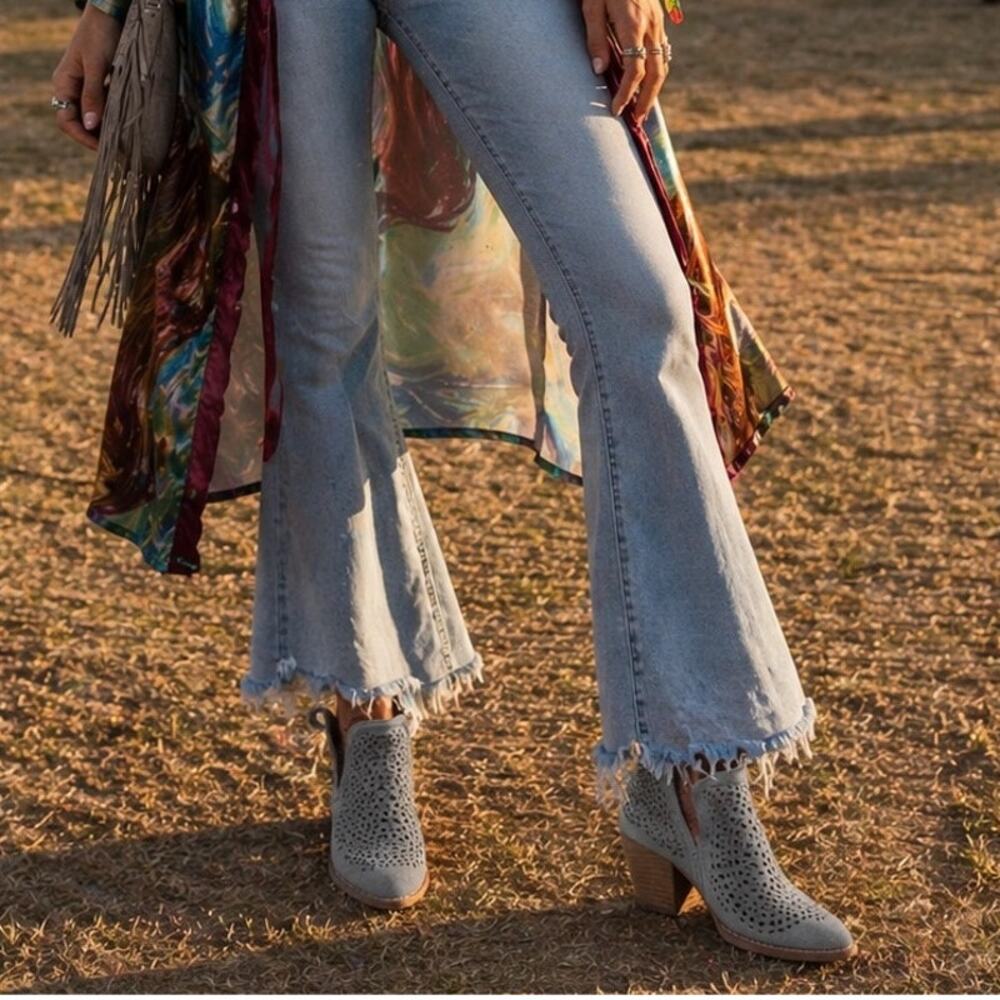 Jeffrey Campbell Perforated Suede Booties 9 Gray Cutout Ankle Boots Block Heel